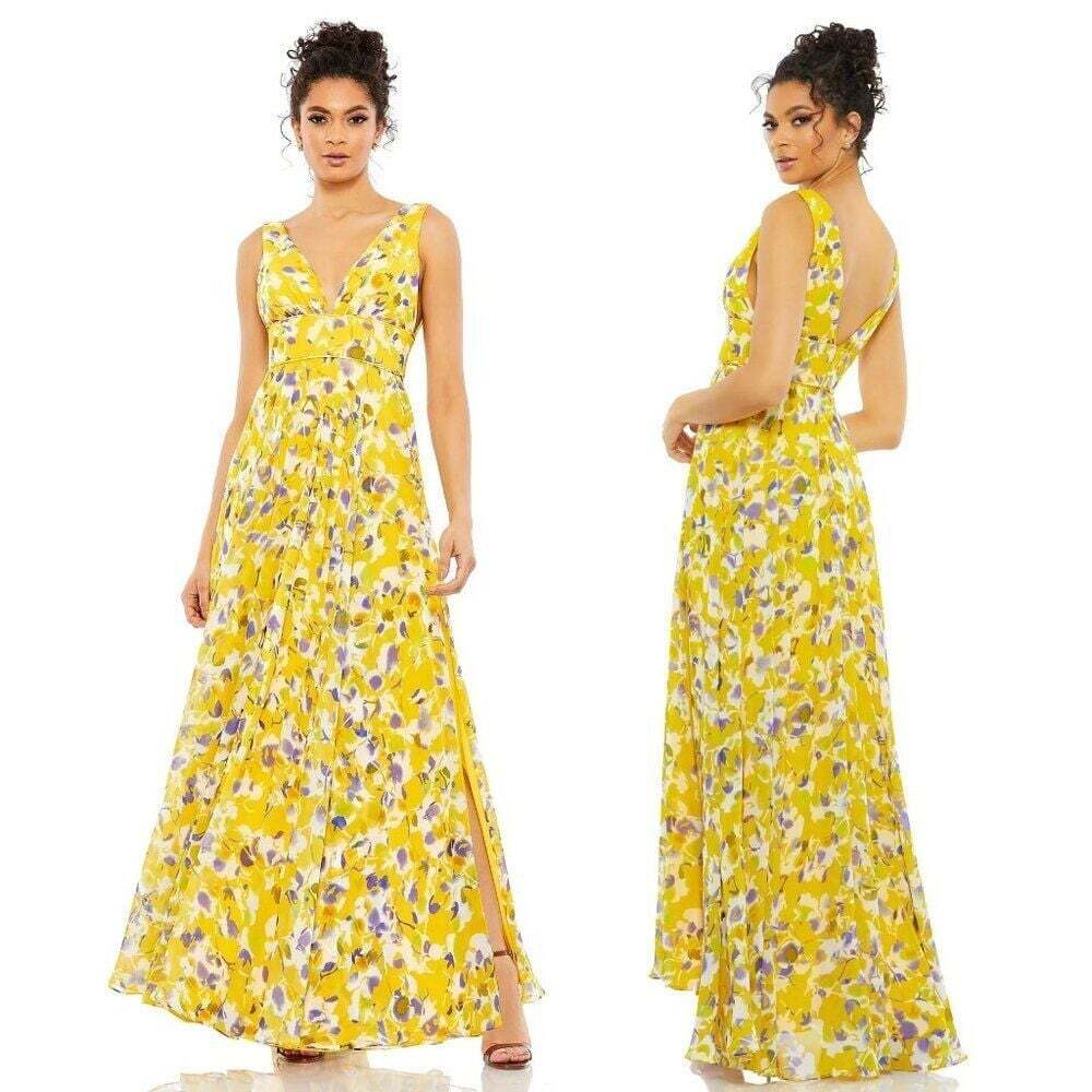 NEW:Ieena for Mac Duggal Yellow Floral Plunge V-Neck Sleeveless Maxi Gown size 4